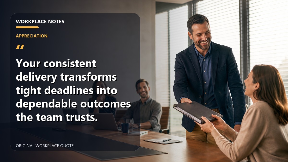 Your consistent delivery transforms tight deadlines into dependable outcomes the team trusts.